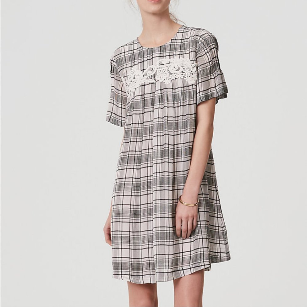 Loft Lacy Plaid Black and White Short Sleeve Swing Dress